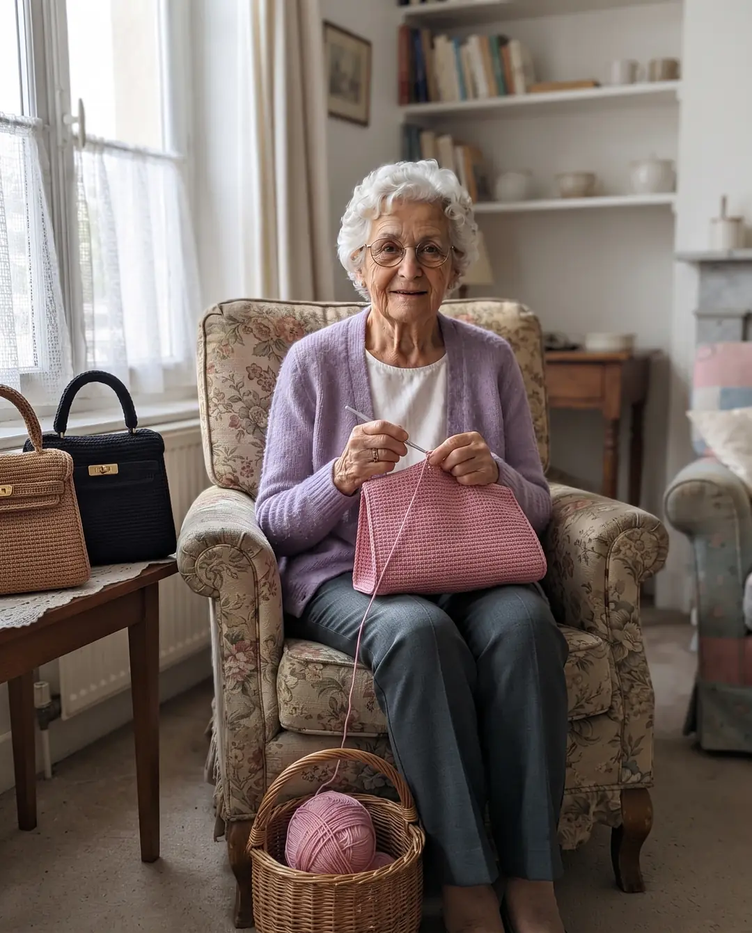 Une grand-mère lève les yeux de son crochet et sourit, un sac rose en cours sur les genoux