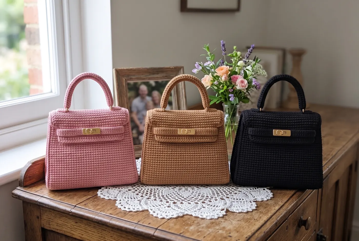 Les trois sacs crochetés, rose, caramel et noir, posés sur un napperon au crochet devant une fenêtre